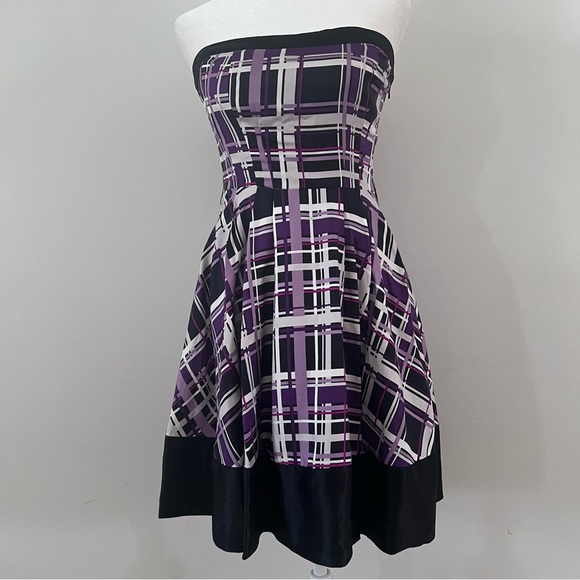 Bebe Plaid Print 100% Silk Strapless Mini Dress |Size S| - Picture 2 of 7